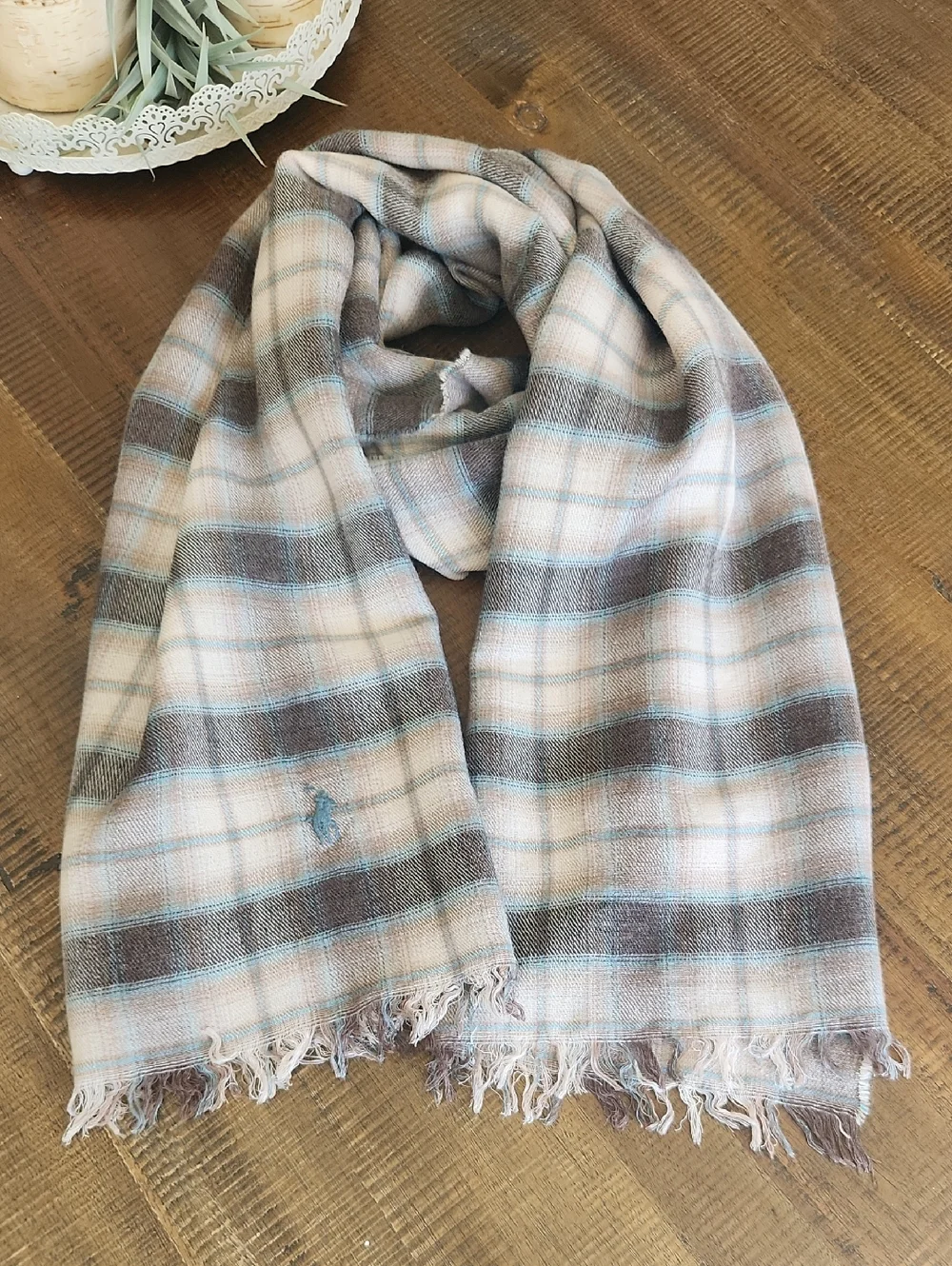 Polo by Ralph Lauren Brown, Cappuccino Beige & Light Blue Plaid Scarf